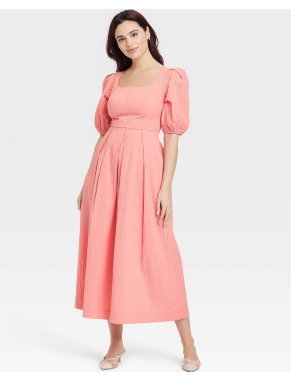 a new day Coral Pink Square-Neck Puff Sleeve Midi Dress
